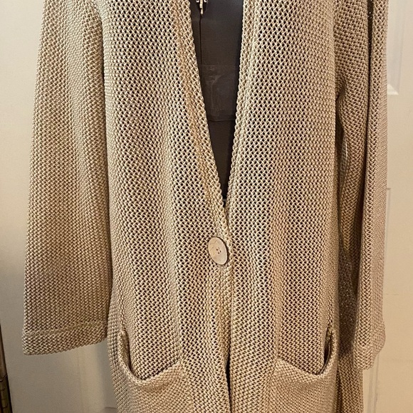 Signature Weekend Cardigan Womens Large Beige Open Knit Long Line Single Button - Picture 3 of 5